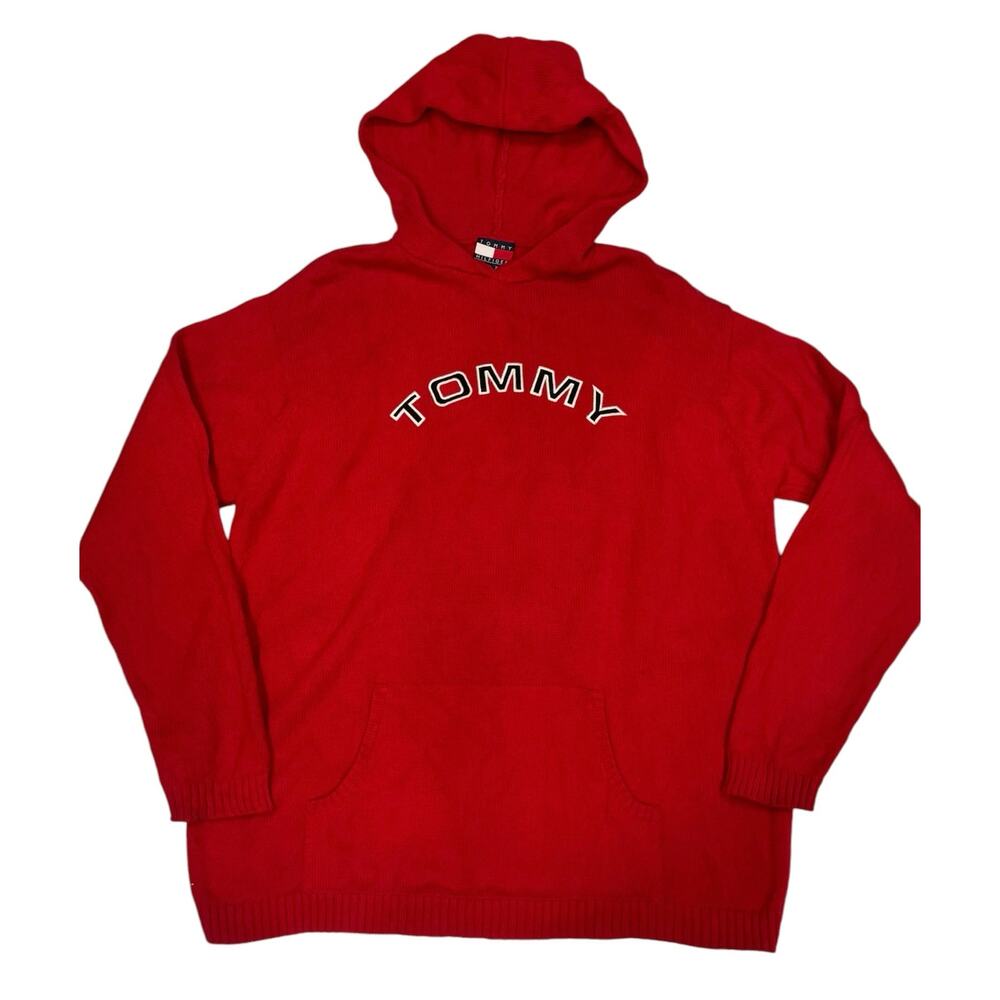 Y2K Tommy Hilfiger Red Knit Oversized Sweater Mens Large Streetwear Sporty Baggy